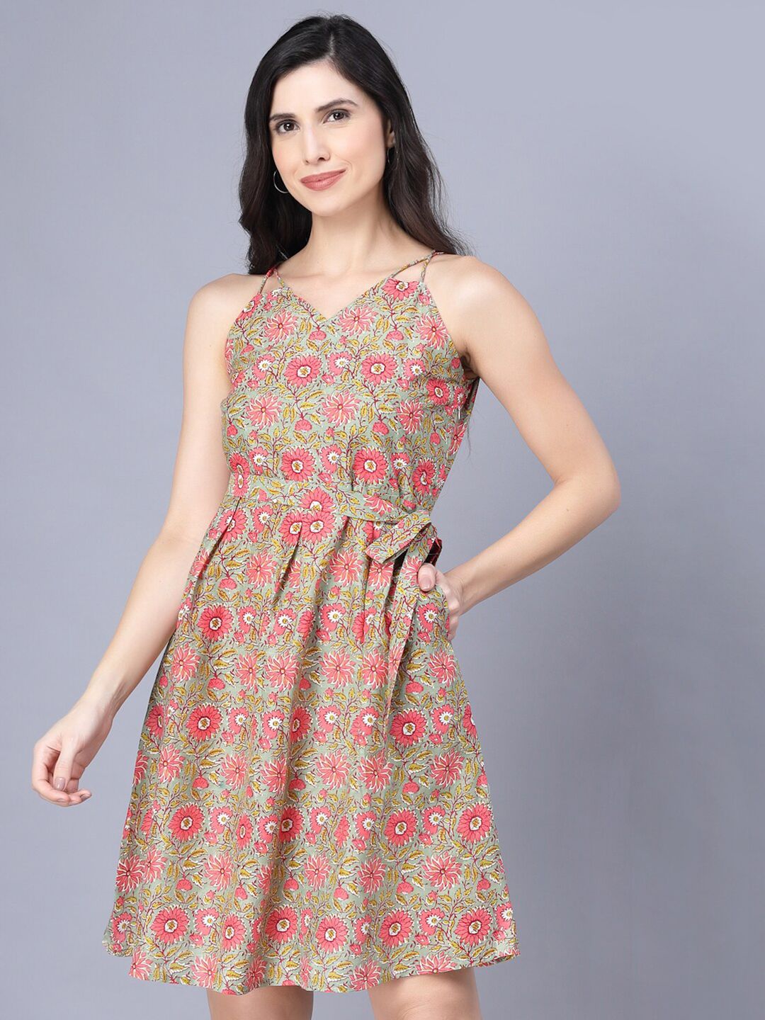 Myshka Multicoloured Floral Printed Sleeveless Shoulder Straps Dress Price in India