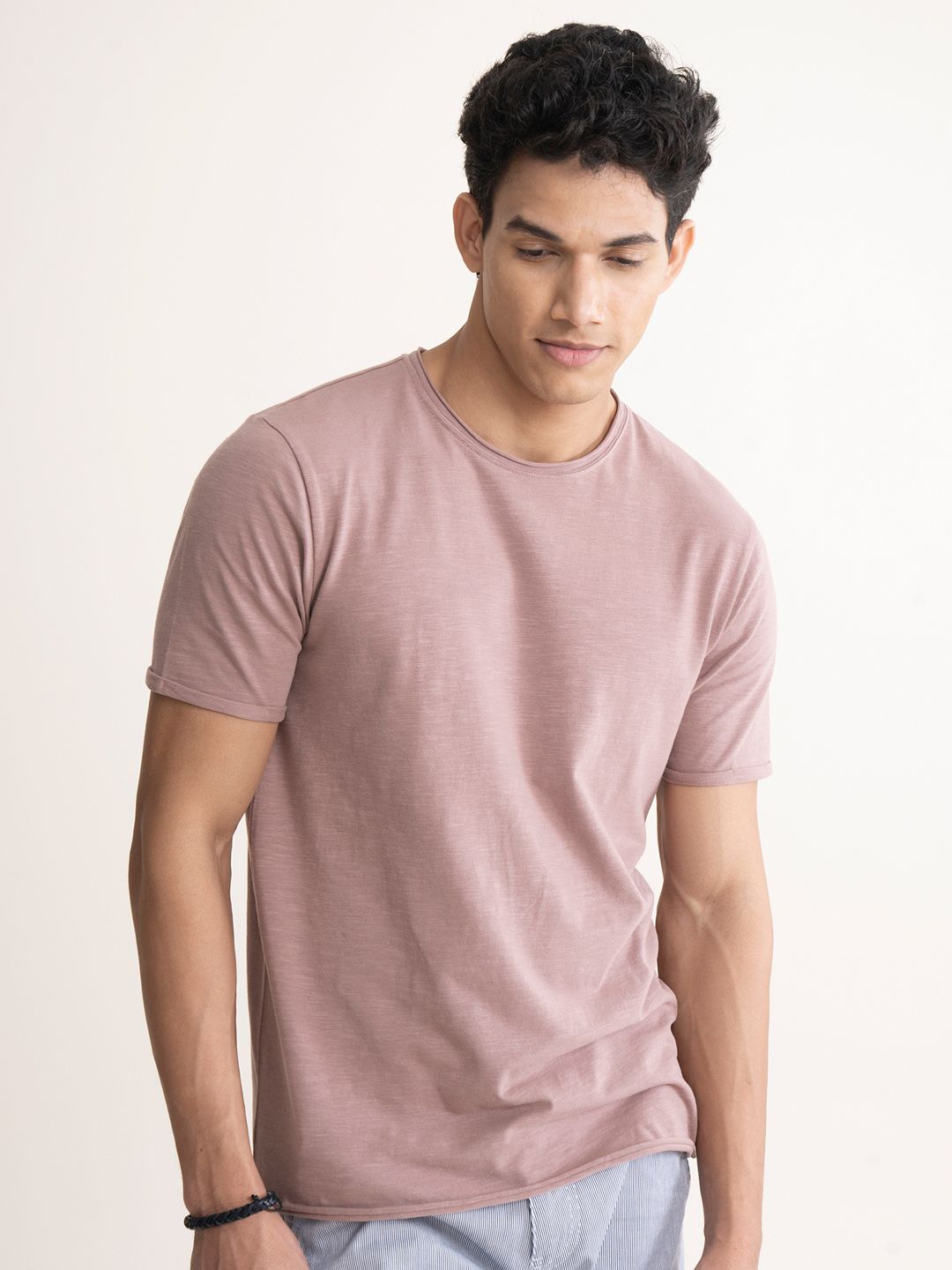 DAMENSCH Purple Round Neck Raw Edge Crew T-shirt