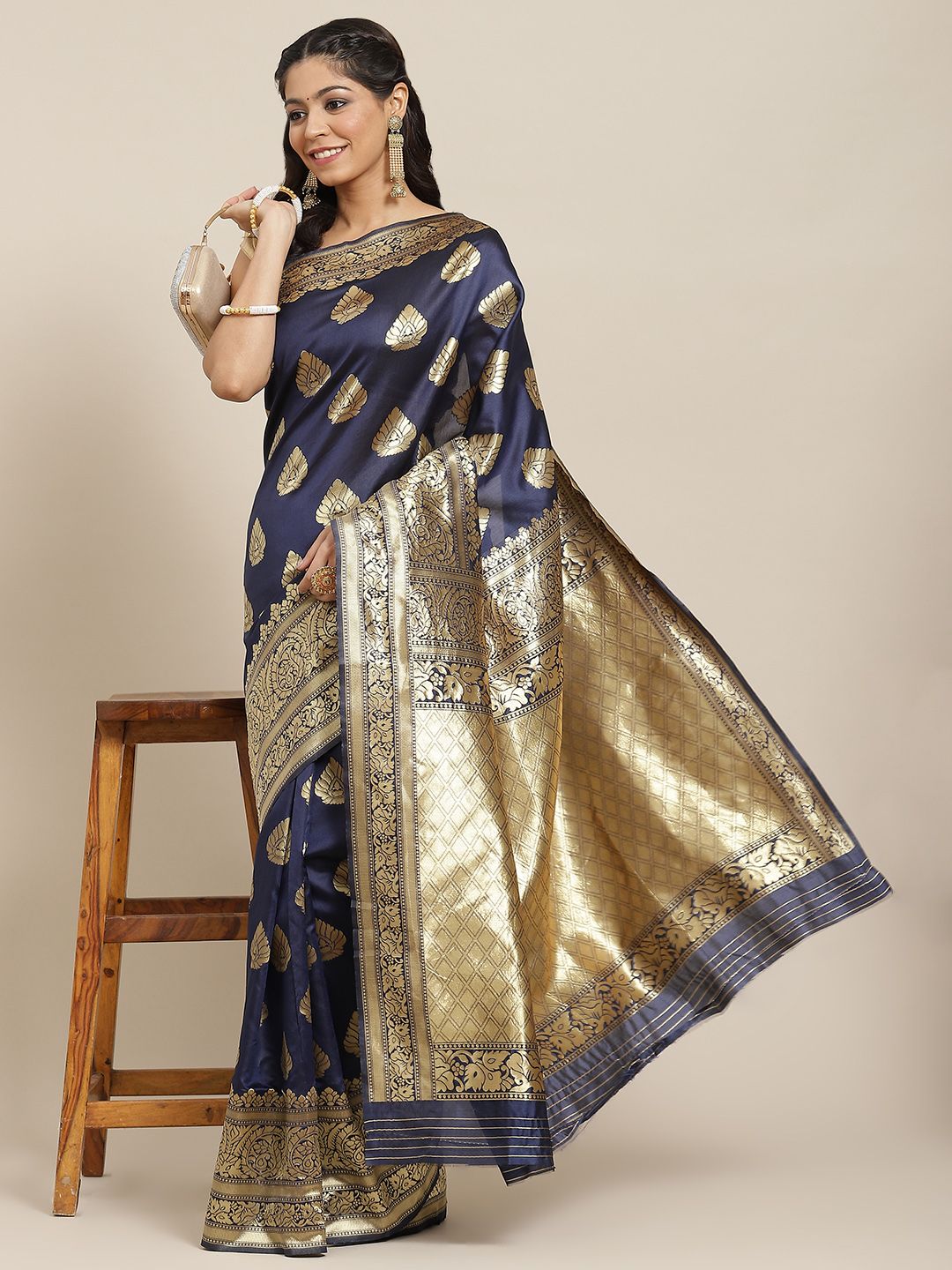 Ishin Navy Blue & Golden Ethnic Motifs Zari Art Silk Banarasi Saree Price in India