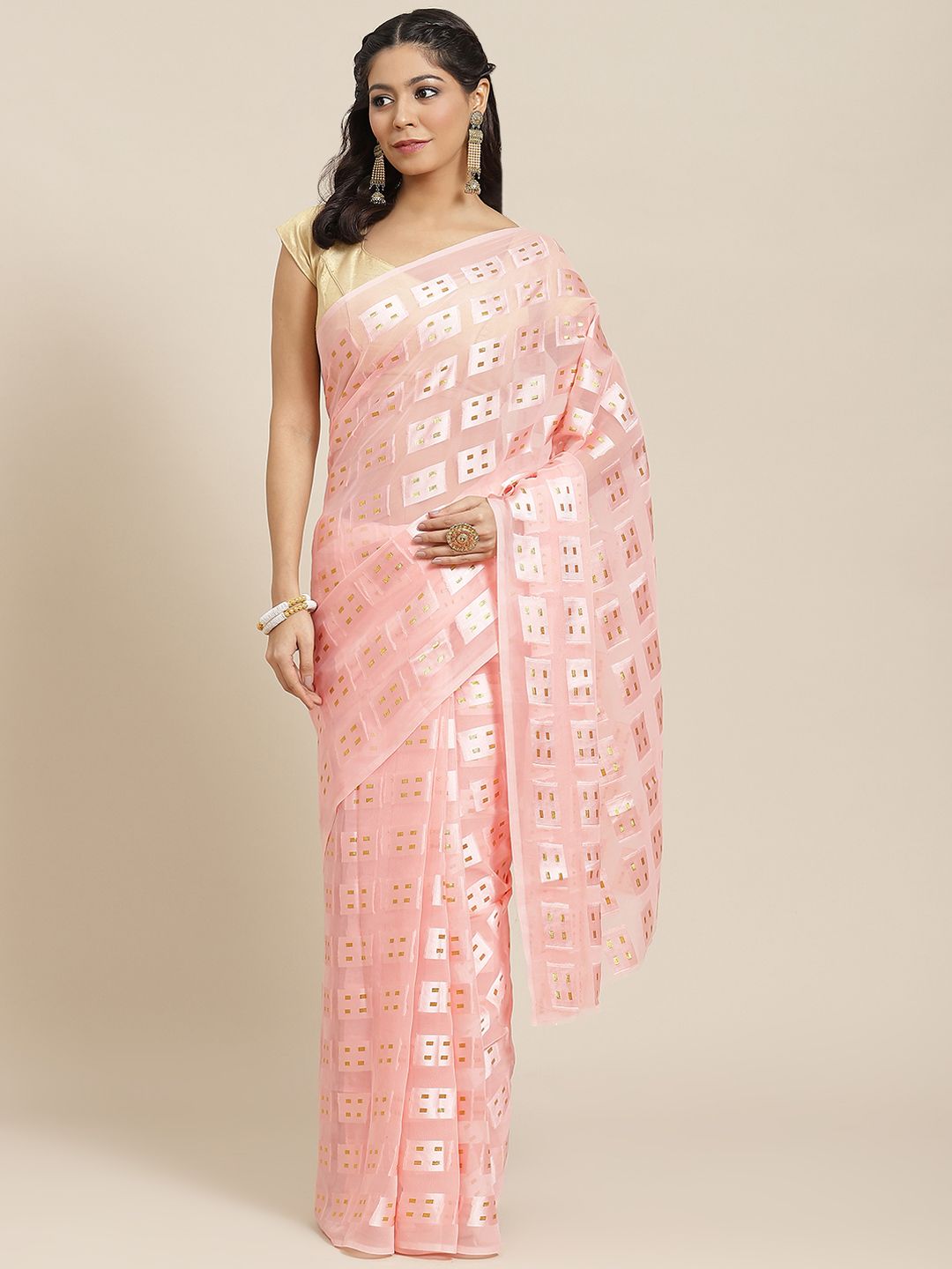 Ishin Pink & Golden Woven Design Poly Georgette Saree Price in India