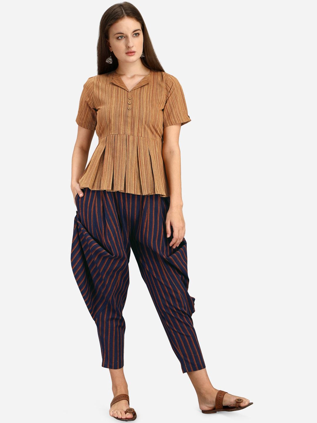MESMORA FASHION Women Brown & Blue Striped Pure Cotton Co-Ords