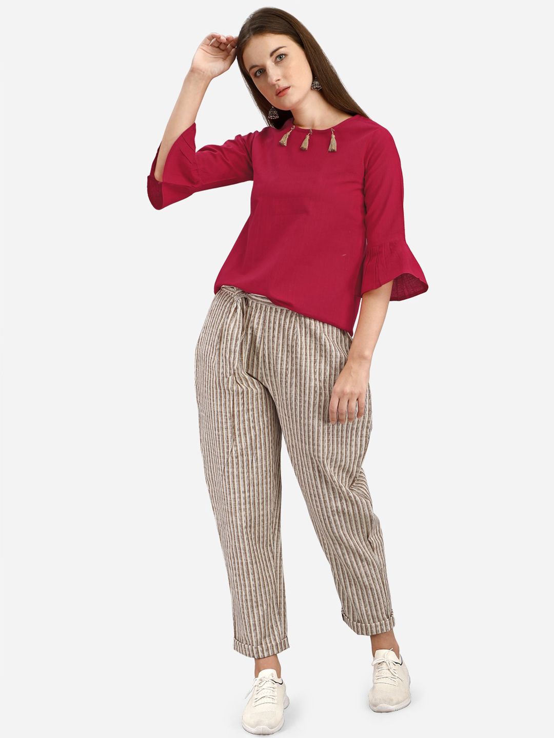 MESMORA FASHION Women Red & Beige Striped Pure Organic Cotton Co-Ords Set