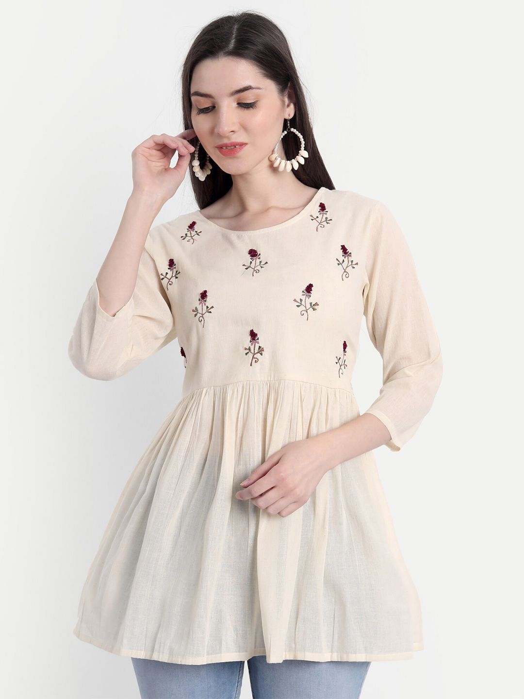 DEALSEVEN FASHION Women Beige & Burgundy Embroidered Tunic Price in India