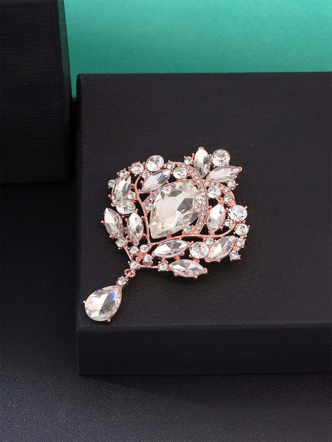 Yellow Chimes Yellow Chimes Rose Gold Coloured & White Crystal Studded Floral Designed Brooch