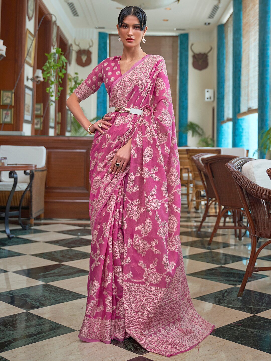 Mitera Pink & White Woven Design Linen Blend Muga Saree Price in India