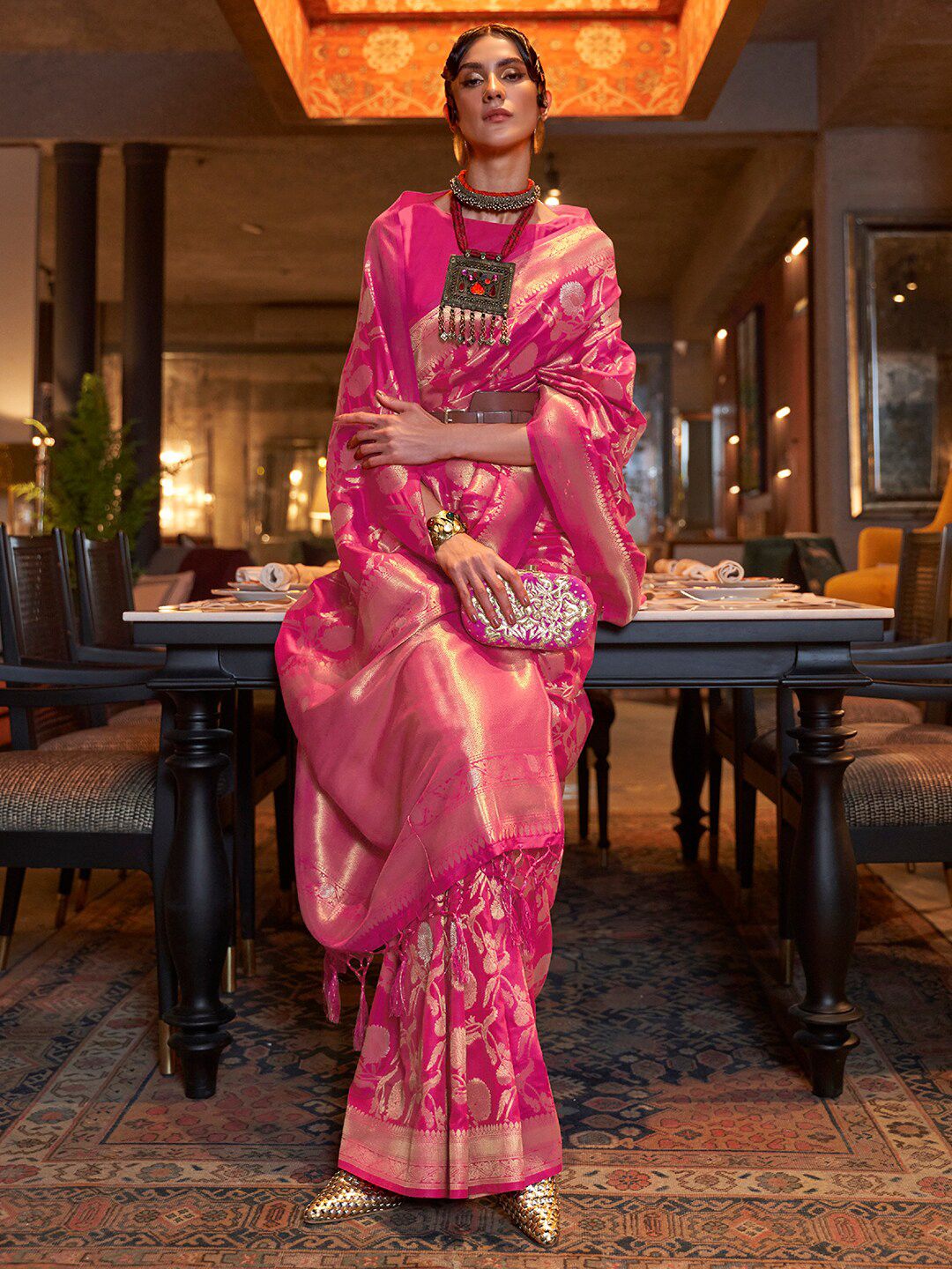 Mitera Pink & Gold-Toned Ethnic Motifs Zari Silk Blend Banarasi Saree Price in India
