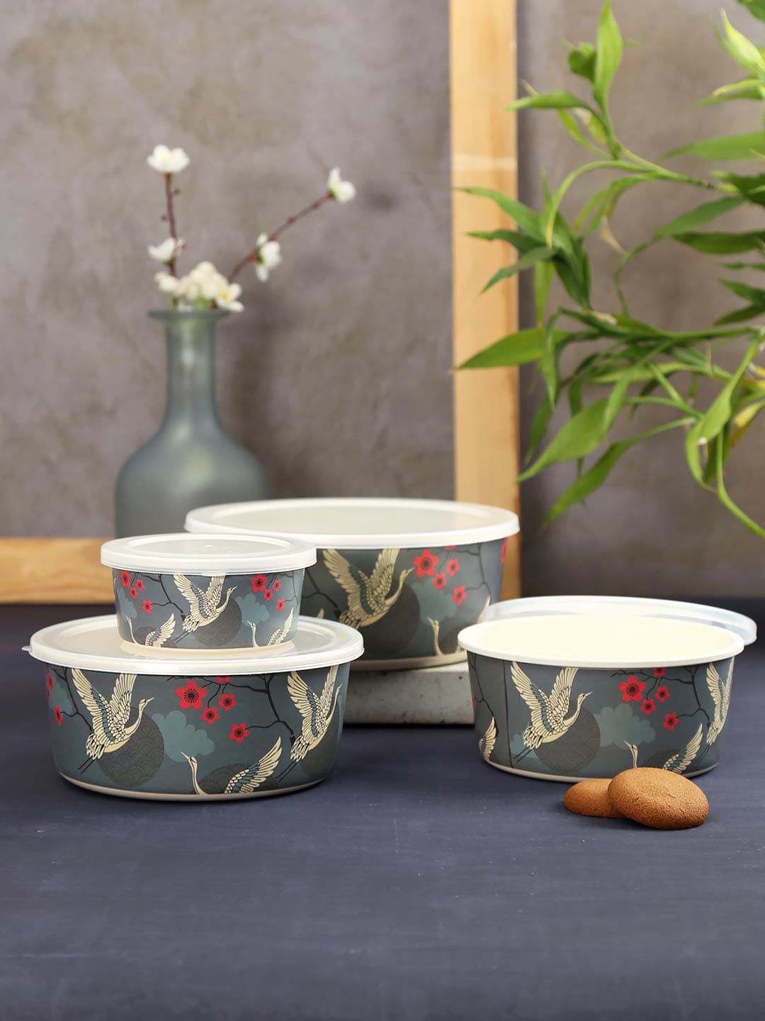 India Circus by Krsnaa Mehta Set Of 4  Blue & Off-White Printed Bamboo Food Containers Price in India