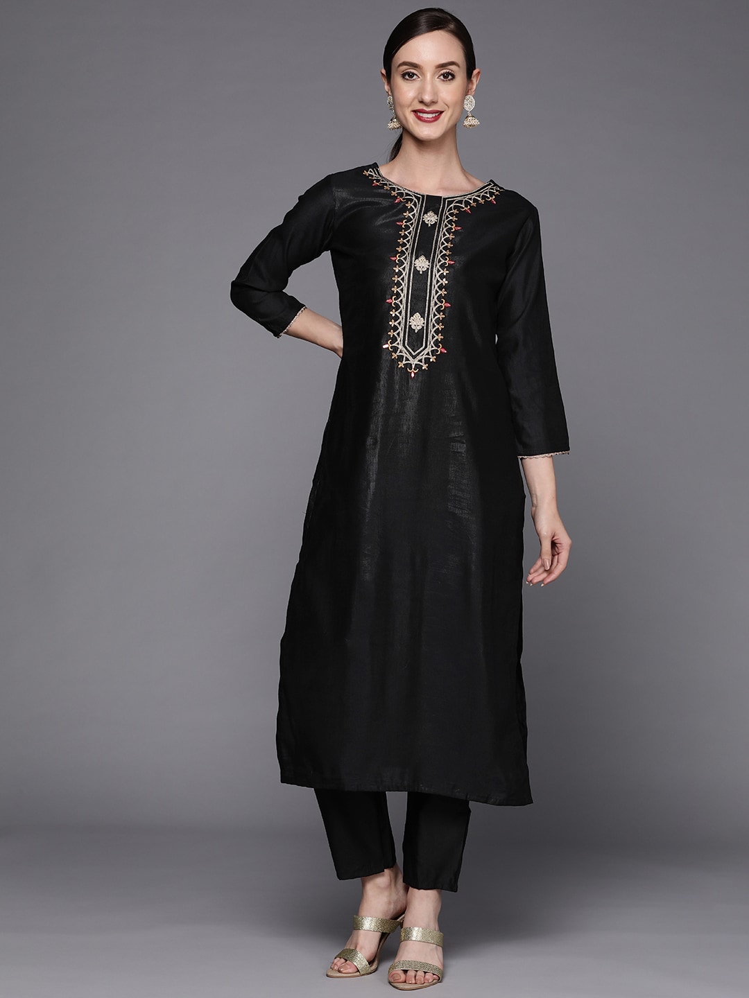 Indo Era Women Black Ethnic Motifs Embroidered Sequinned Kurta with Trousers Price in India