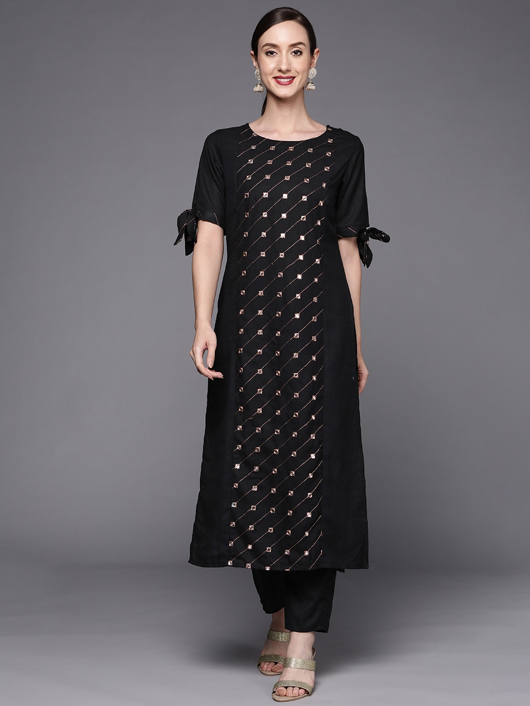 Indo Era Women Black Embroidered Panelled Mirror Work Kurta with Trousers Price in India