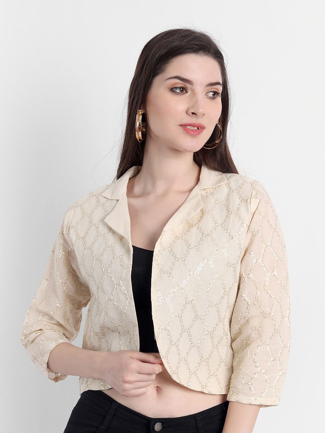 DEALSEVEN FASHION Women Beige Crop Shrug Price in India