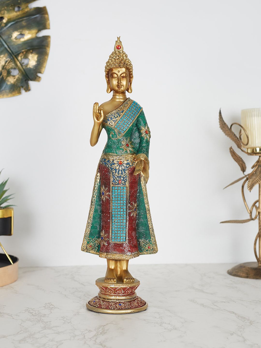 HomeTown Gold-Toned & Green Budhha Figurine Showpieces Price in India