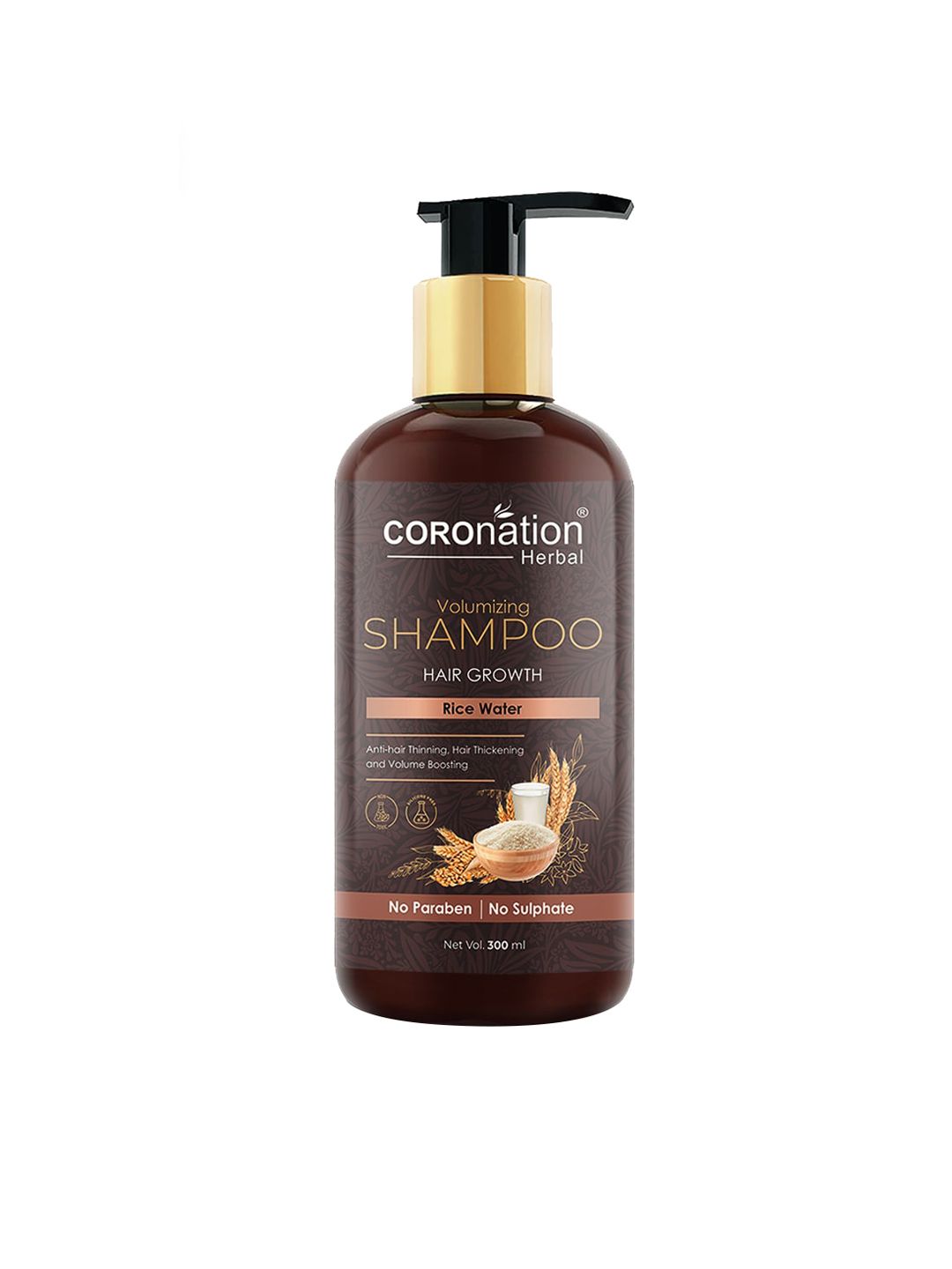 COROnation Herbal Paraben Free Volumizing Rice Water Shampoo For Hair Growth - 300 ml