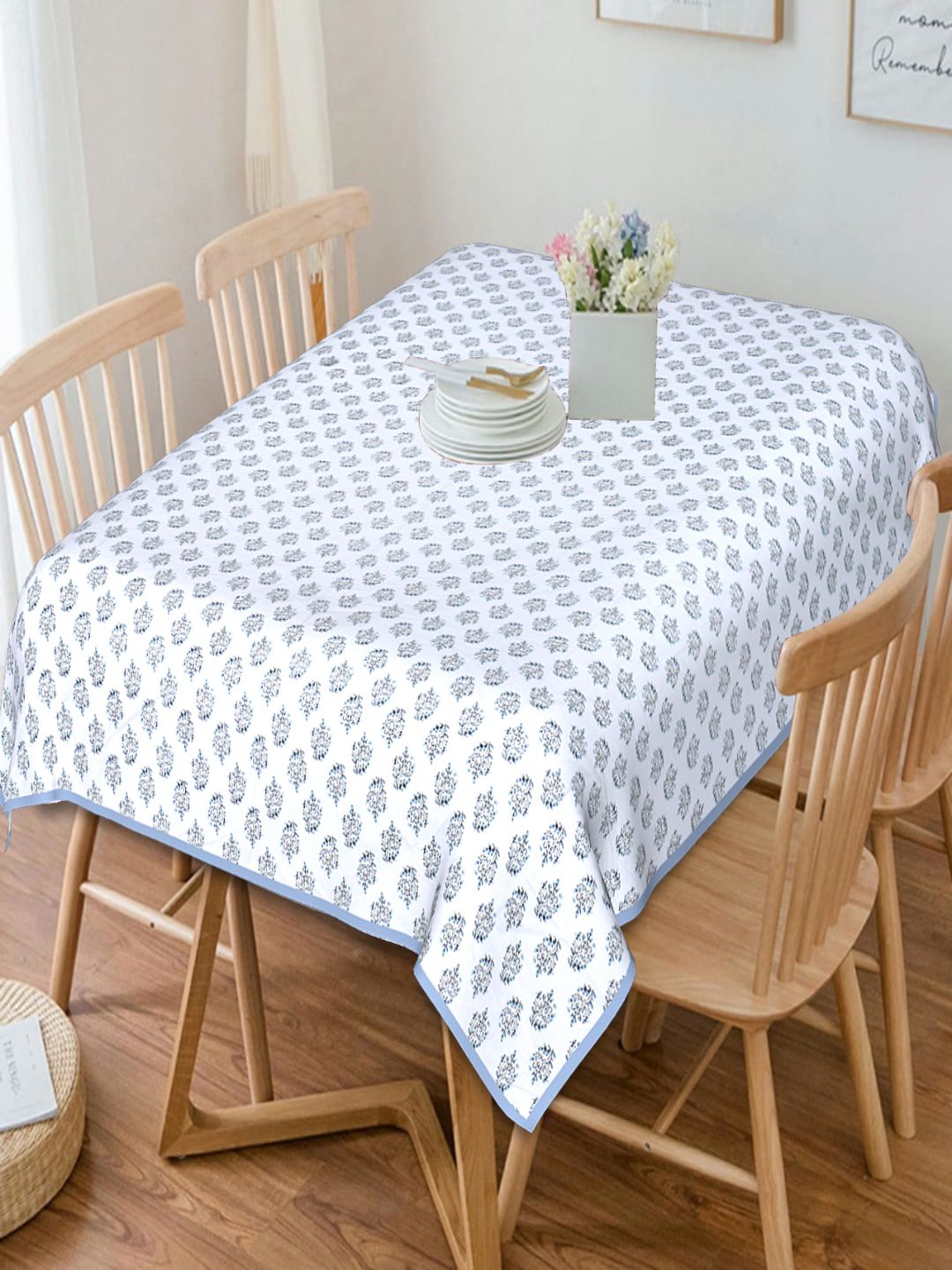 INDHOME LIFE Blue & White Floral Printed 200 TC Cotton Rectangle Table Covers Price in India