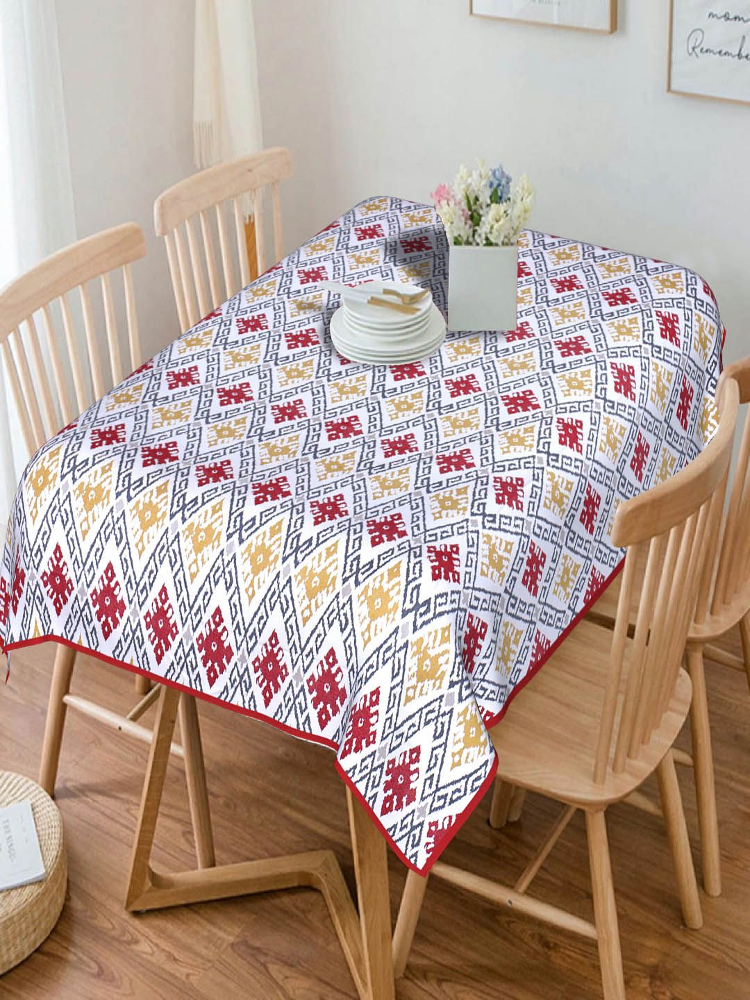 INDHOME LIFE White & Red Printed 200TC Pure Cotton 6-Seater Table Covers Price in India