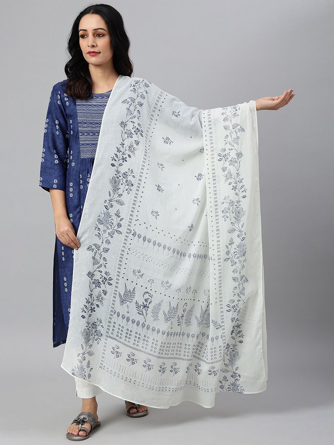 W White & Blue Embroidered Dupatta