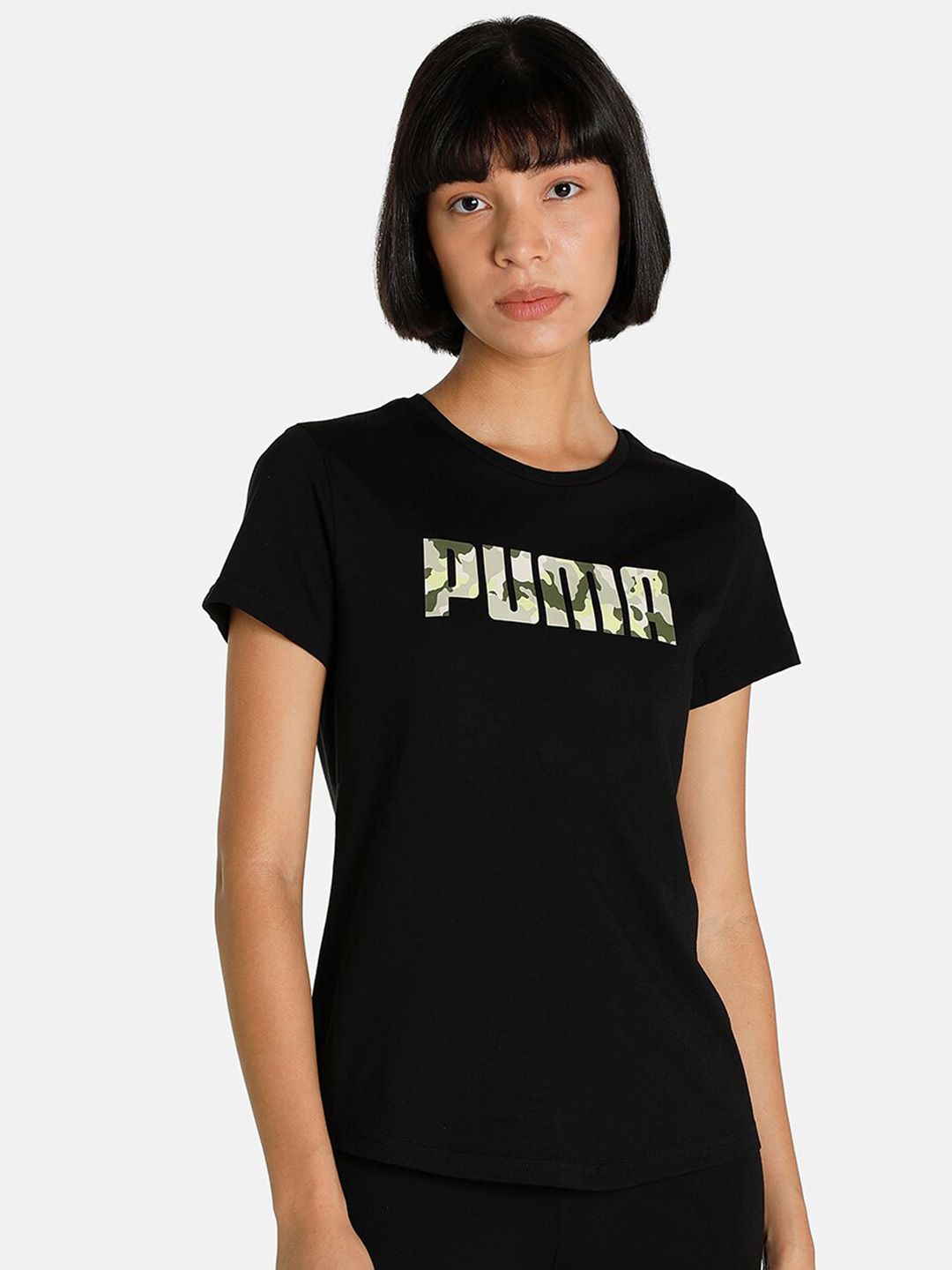 Puma Women Black Camo Graphic Logo T-Shirt Price in India