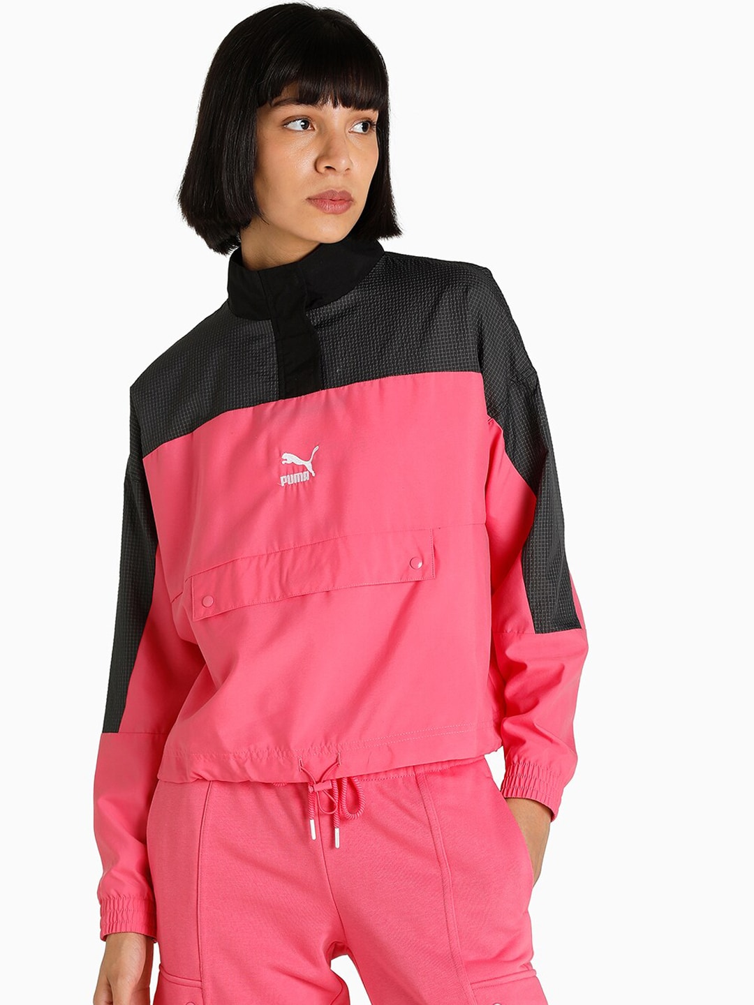 Puma Women Pink & Black Colourblocked Sporty Jacket Price in India