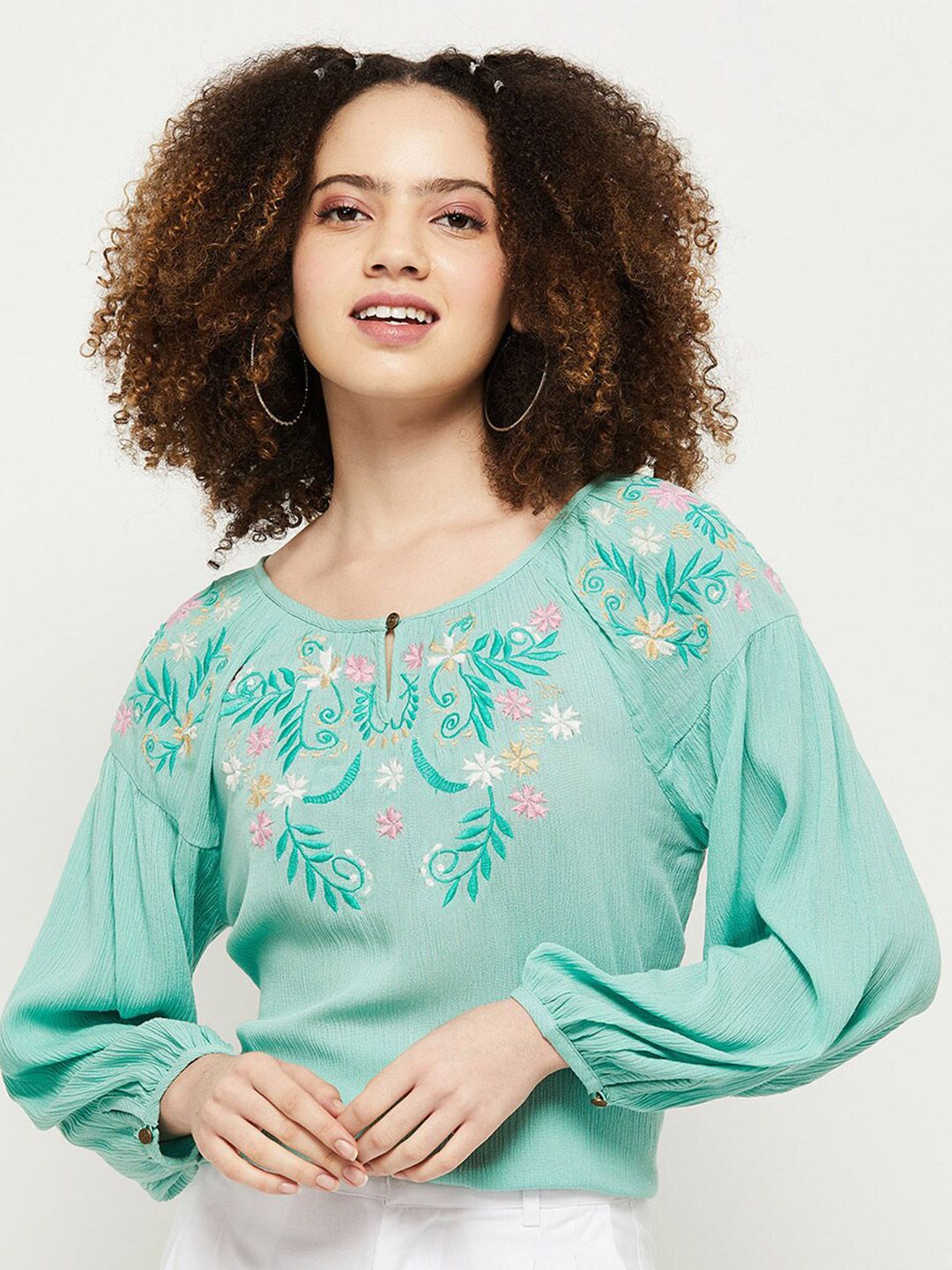 max Women Green Floral Print Top Price in India