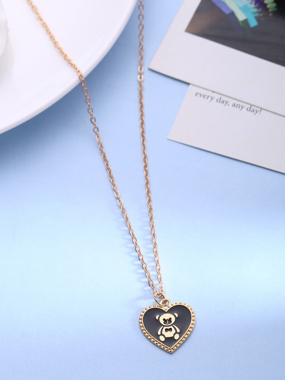 kashwini Gold-Toned & Black Brass Rose Gold-Plated Heart Shape Teddy bear Necklace Price in India