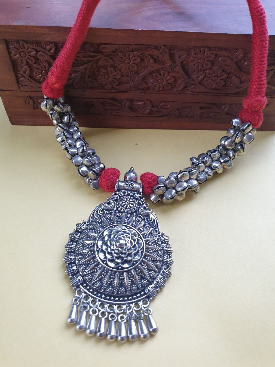 FIROZA Silver-Toned & Red Oxidised Necklace Price in India