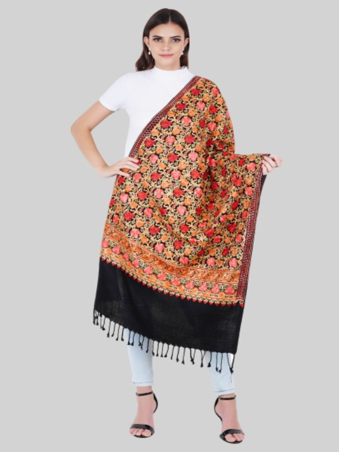 MUFFLY Women Black & Red Embroidered Stole Price in India