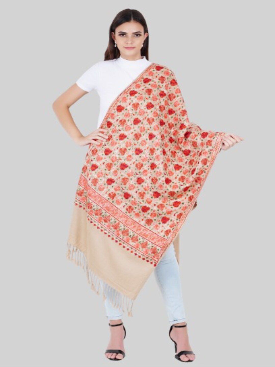 MUFFLY Women Beige Embroidered Stole Price in India