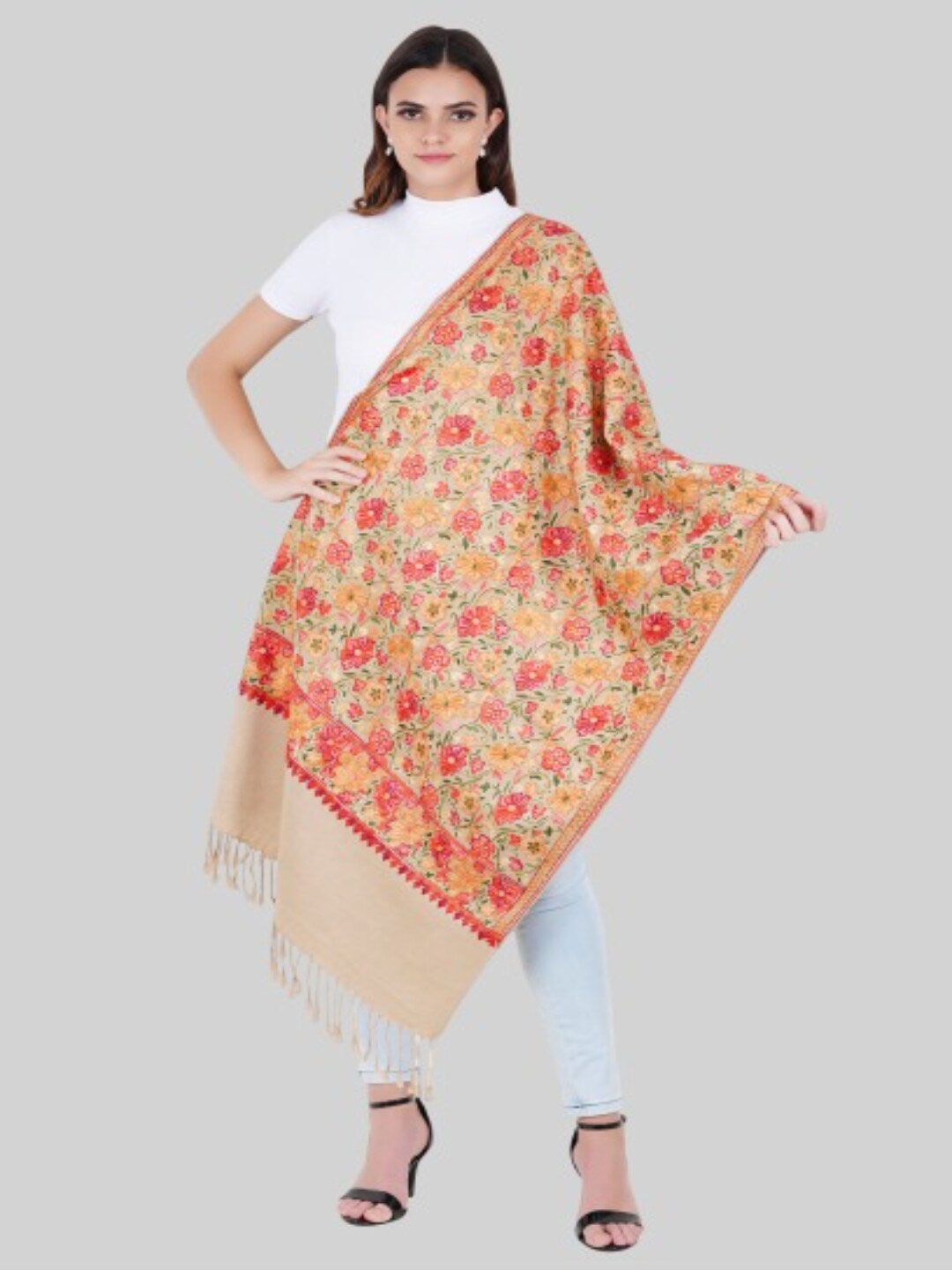 MUFFLY Women Beige & Red Embroidered Stole Price in India