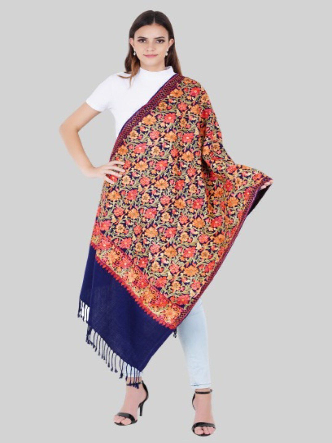 MUFFLY Women Blue & Red Embroidered Stole Price in India