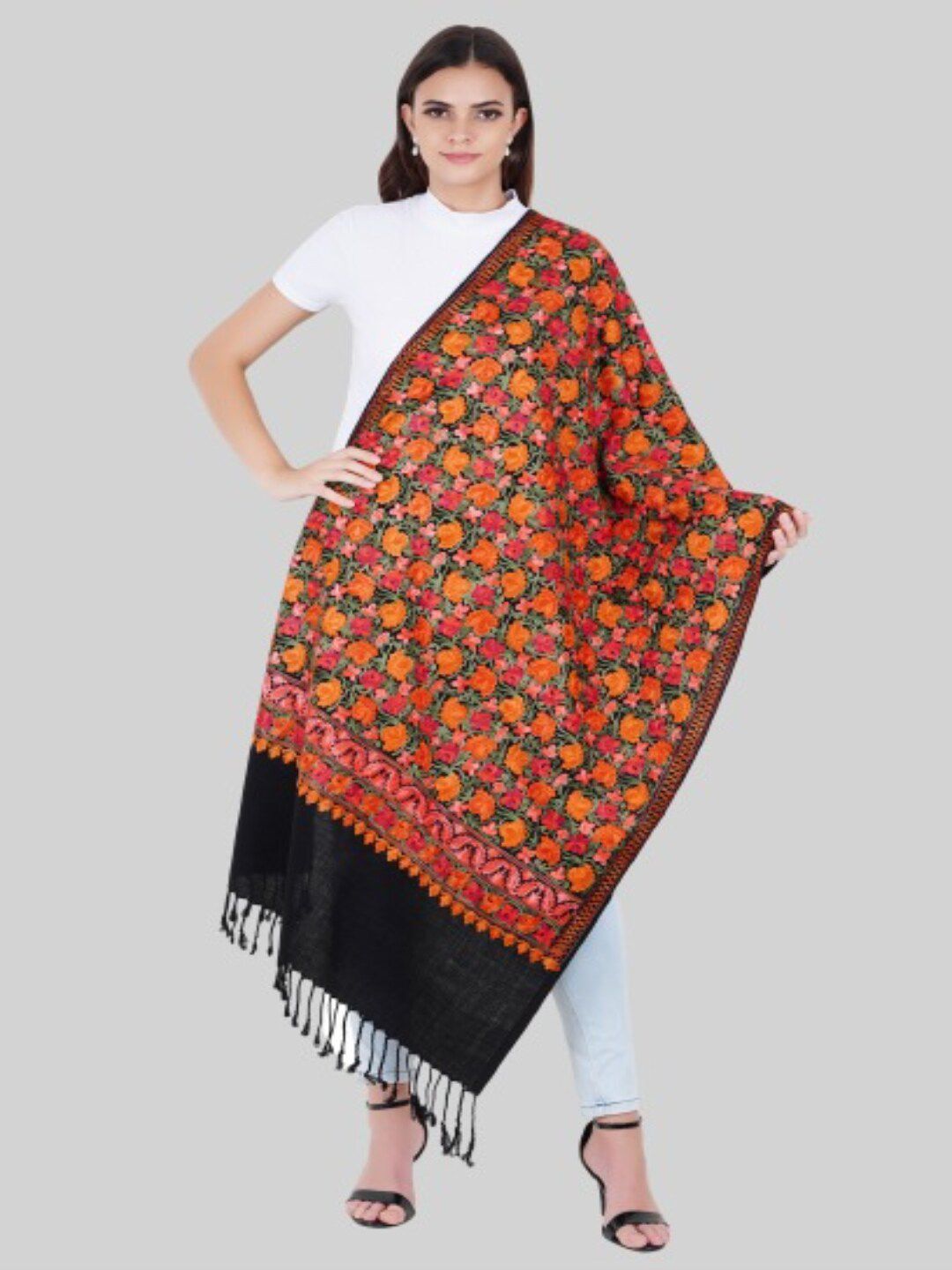 MUFFLY Women Black & Red Embroidered Stole Price in India