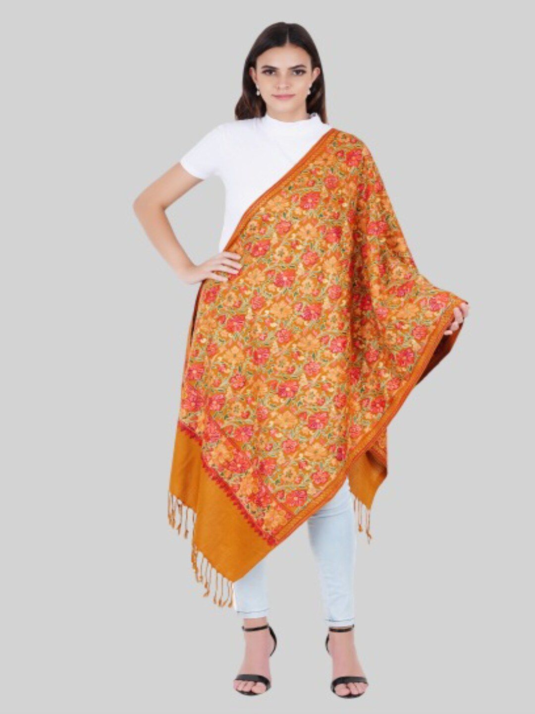 MUFFLY Women Yellow & Red Pashmina Aari Embroidered Stole Price in India