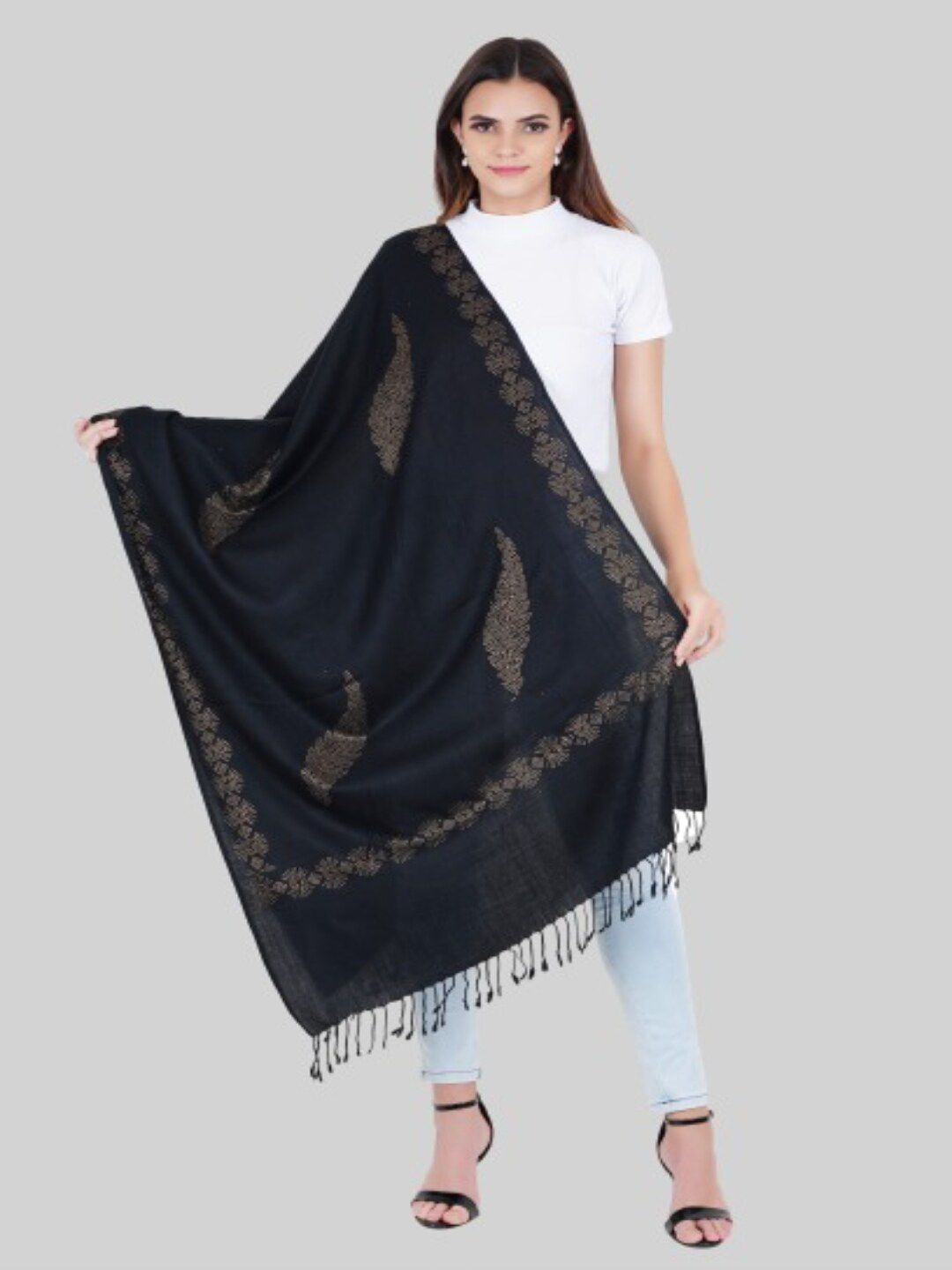 MUFFLY Women Black & Grey Embroidered Stole Price in India