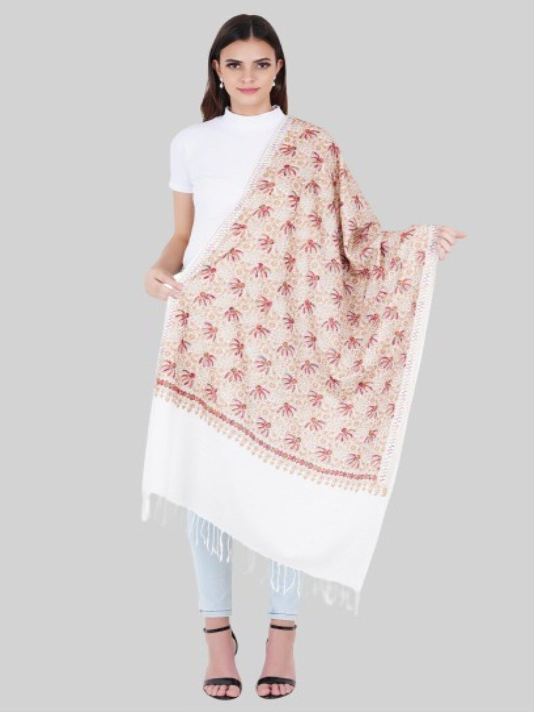 MUFFLY Women White & Red Embroidered Stole Price in India