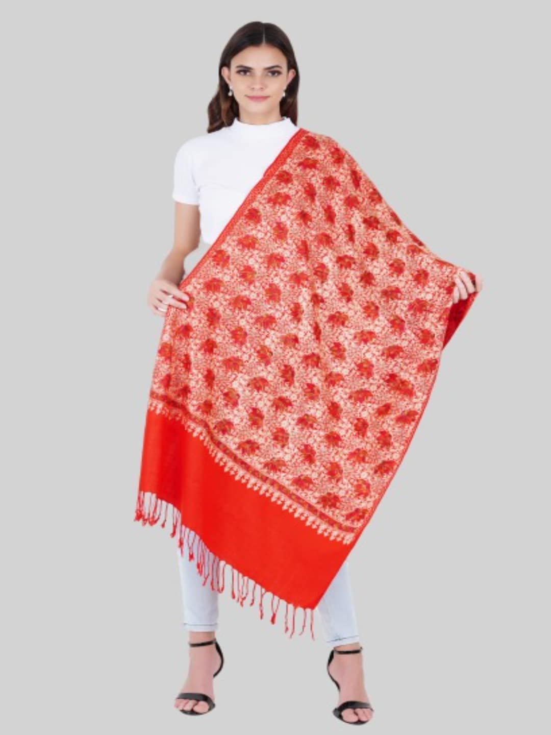 MUFFLY Women Red & White Embroidered Stole Price in India