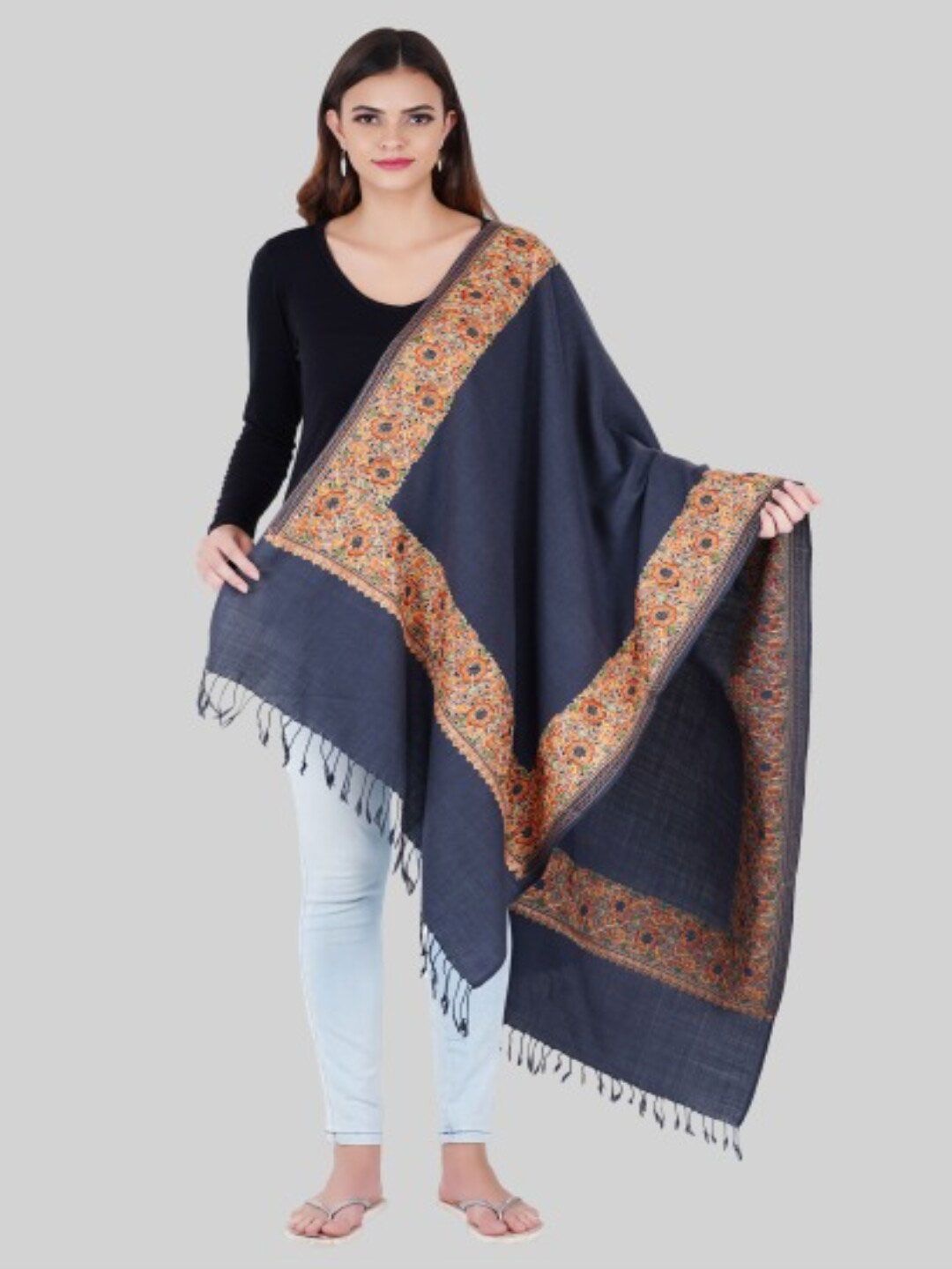 MUFFLY Women Grey & Orange Embroidered Stole Price in India