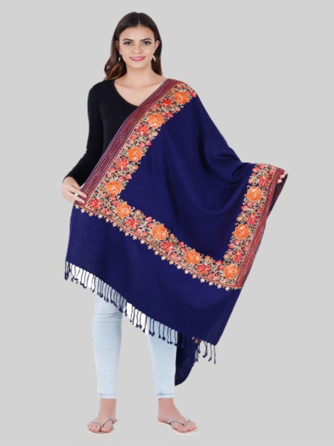 MUFFLY Women Blue & Yellow Embroidered Stole Price in India