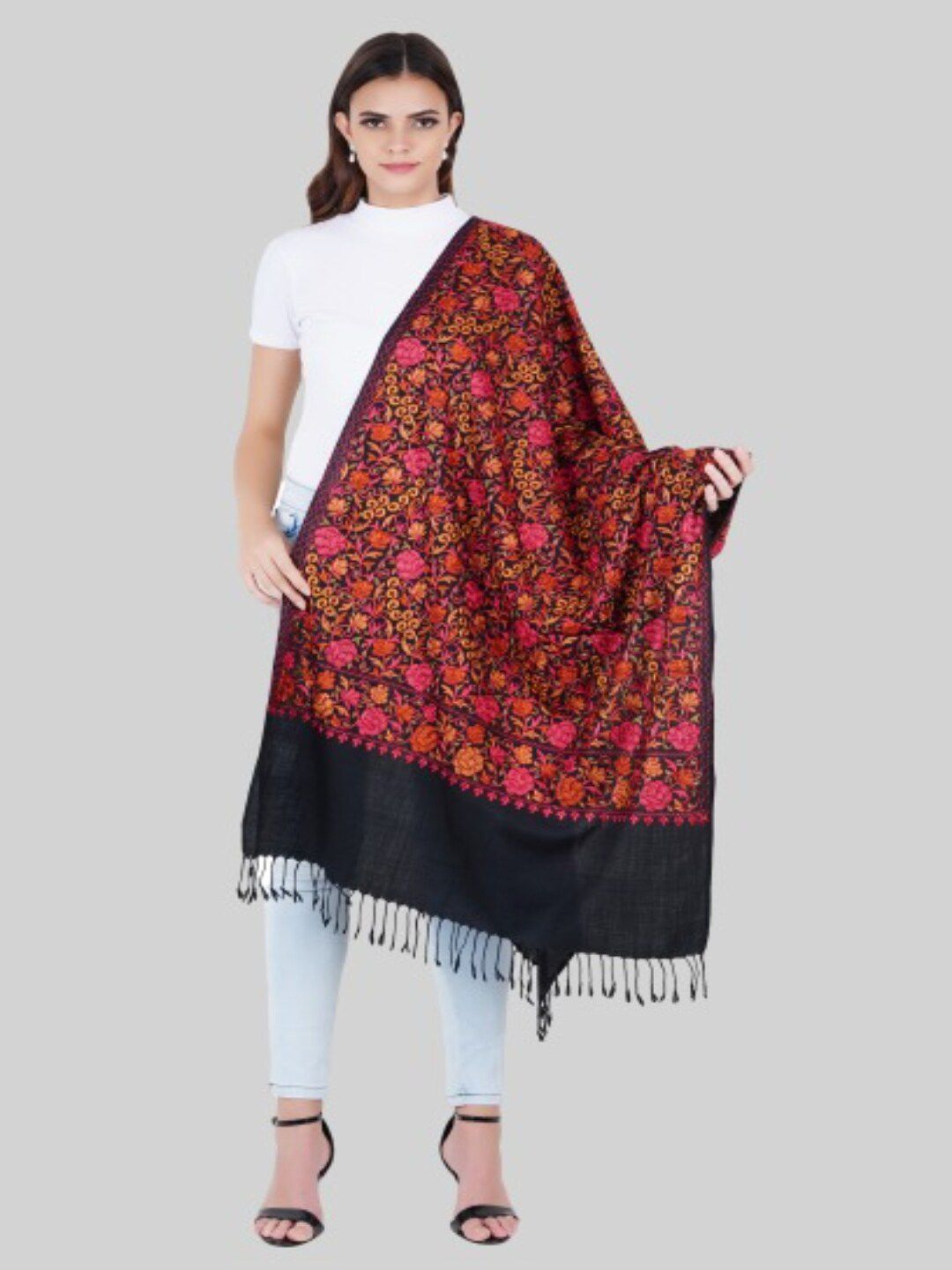 MUFFLY Women Black & Red super Fine Wool Nalki Embroidered Stole Price in India