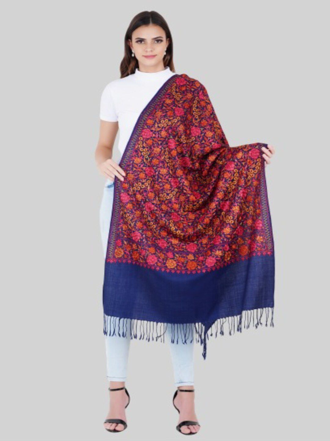 MUFFLY Women Blue & Pink Pashmina super Fine Wool Nalki Embroidery Needle work Stole Price in India
