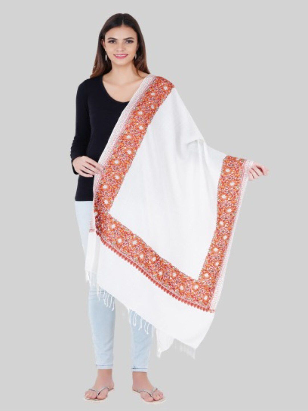 MUFFLY Women White & Orange Embroidered Stole Price in India