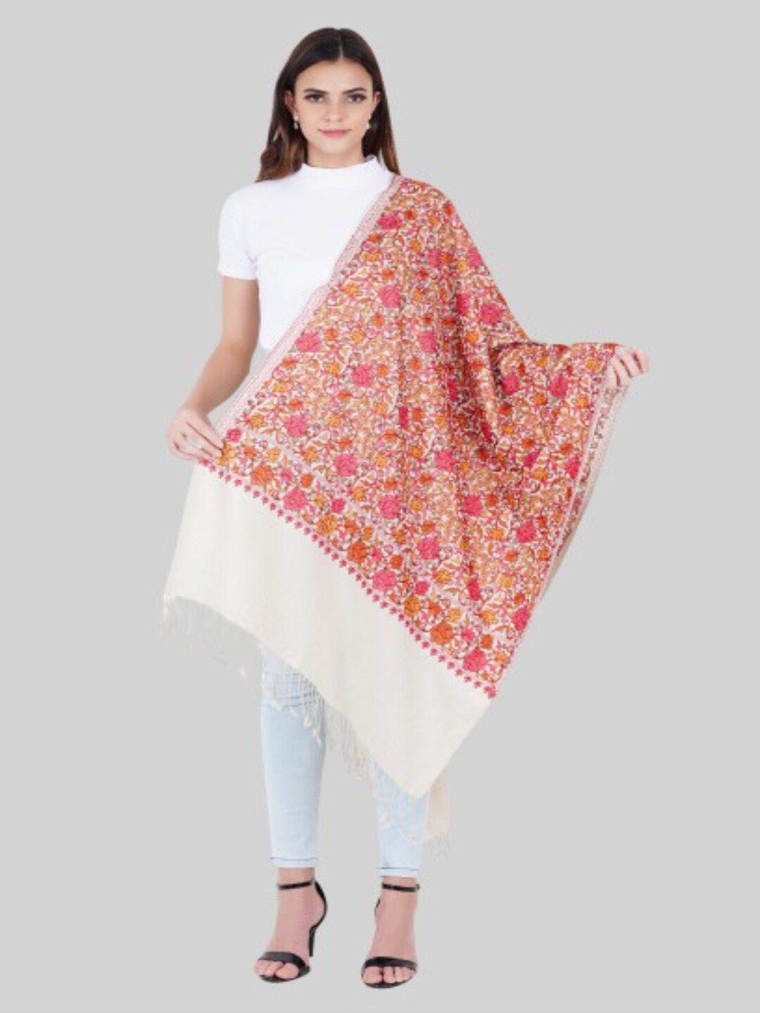 MUFFLY Women Off White & Pink Embroidered Stole Price in India