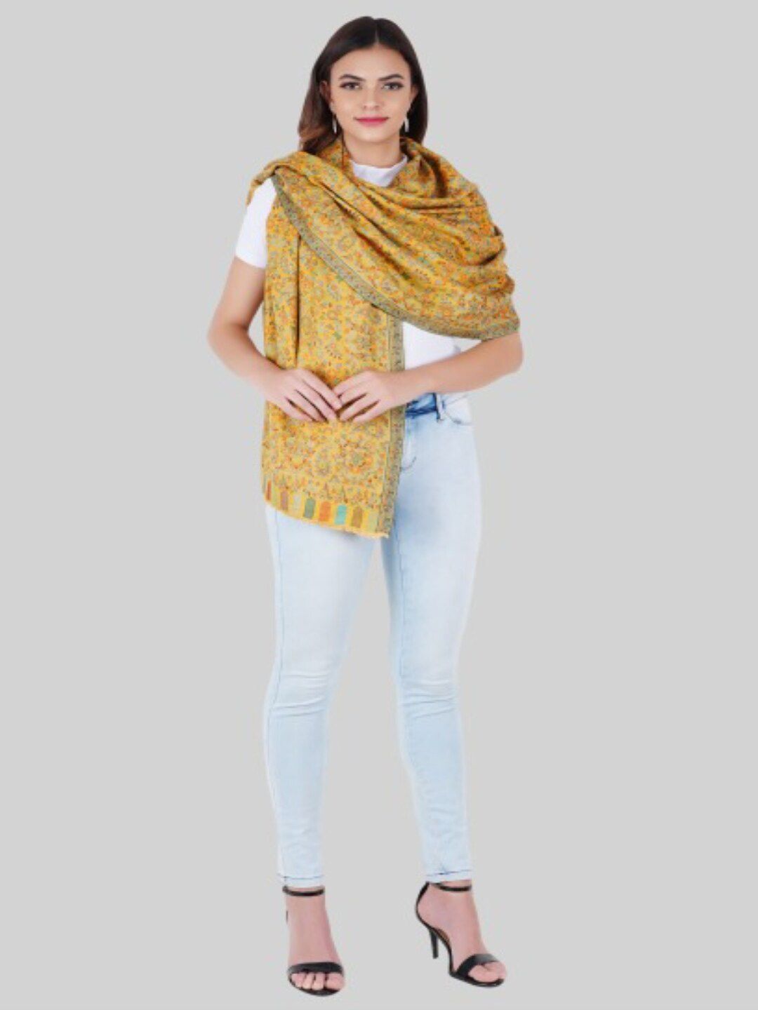 MUFFLY Women Yellow & Blue Embroidered Stole Price in India