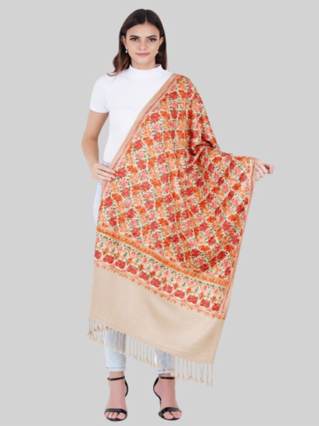 MUFFLY Women Beige & Red Embroidered Stole Price in India