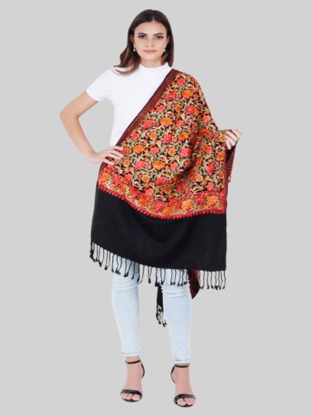 MUFFLY Women Black & Orange Floral Embroidered Pashmina Stole Price in India