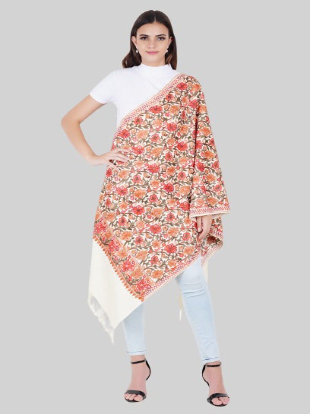 MUFFLY Women White & Red Woven Design Stole Price in India