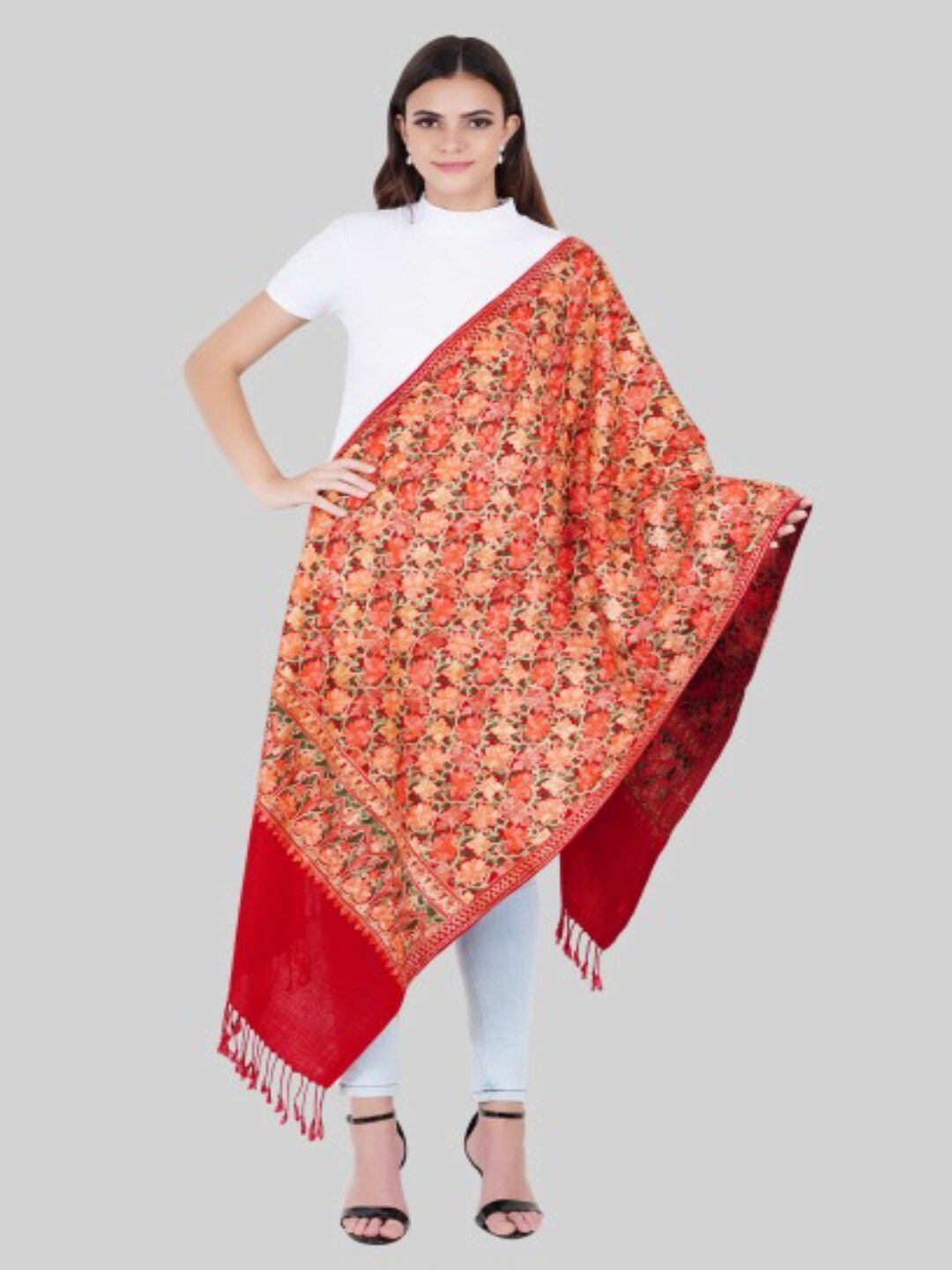 MUFFLY Women Maroon & Orange Embroidered Stole Price in India