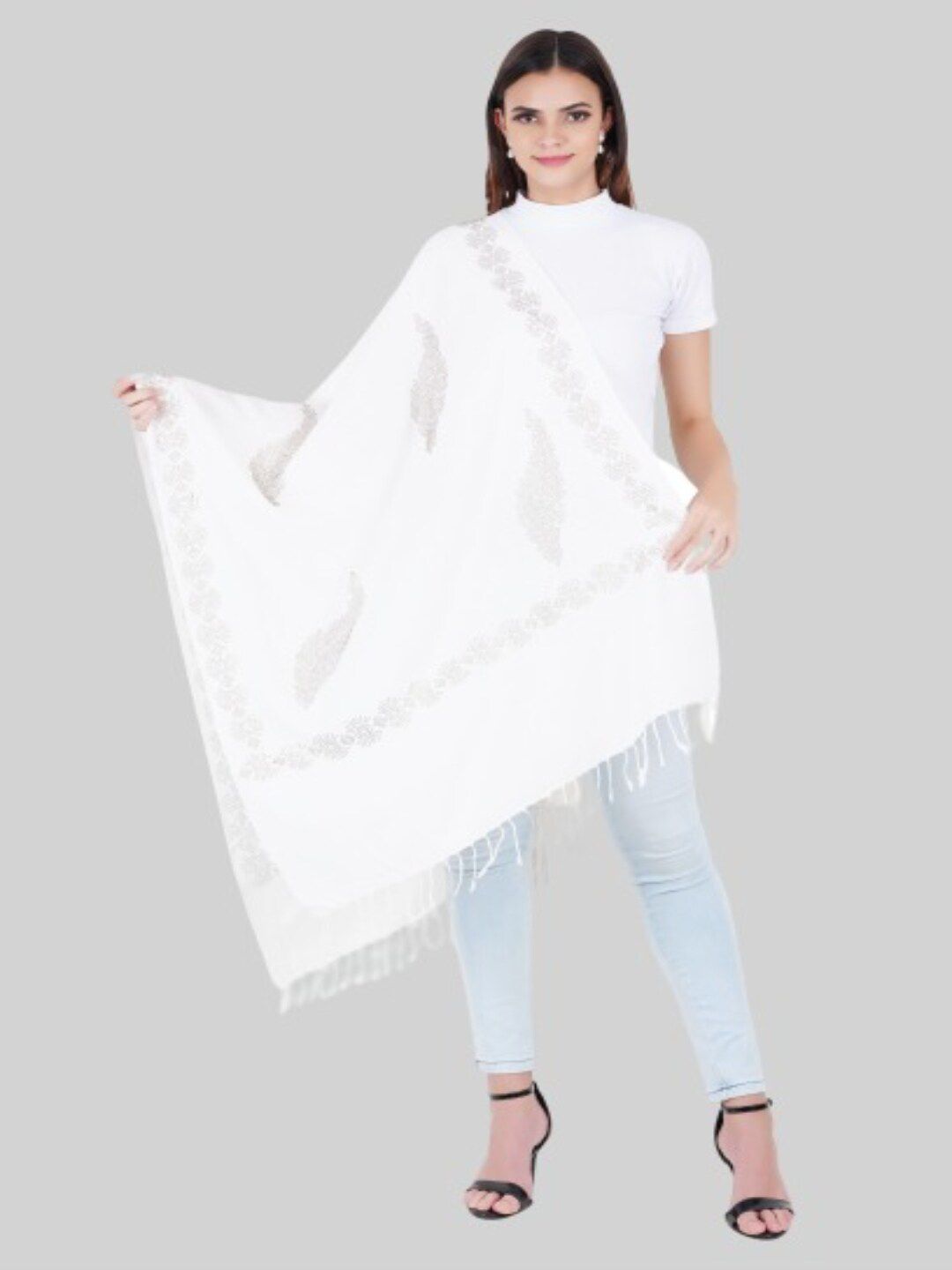 MUFFLY Women White & Silver-Toned Embroidered Stole Price in India