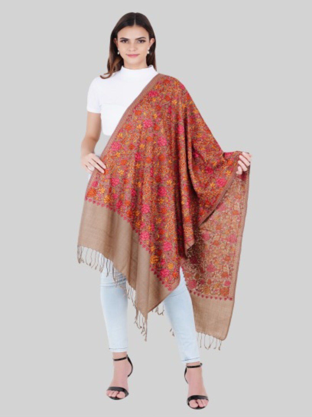 MUFFLY Women Brown & Pink Embroidered Stole Price in India