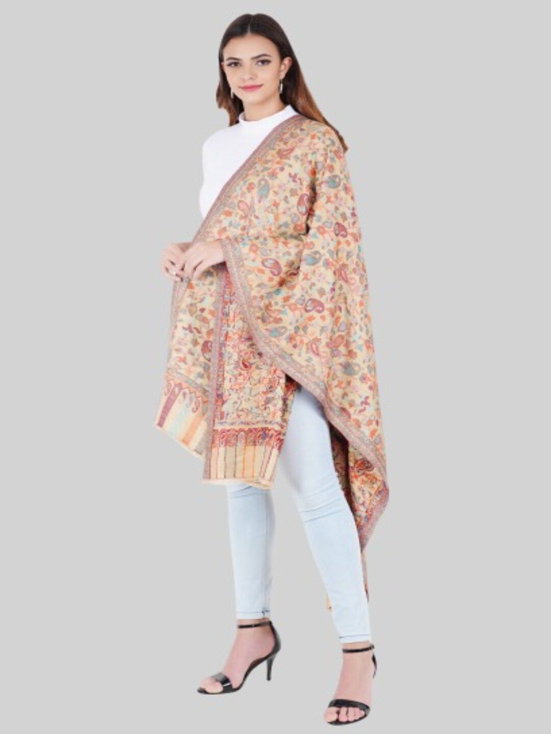MUFFLY Women Cream-Coloured & Blue Embroidered Stole Price in India
