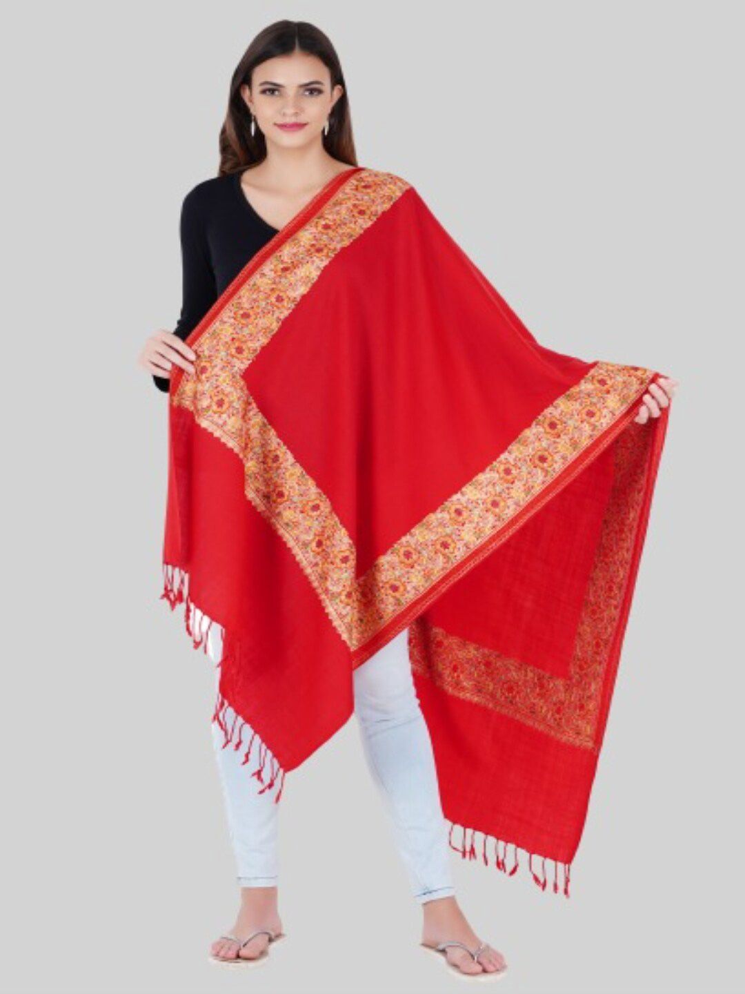 MUFFLY Women Red & Orange Embroidered Stole Price in India