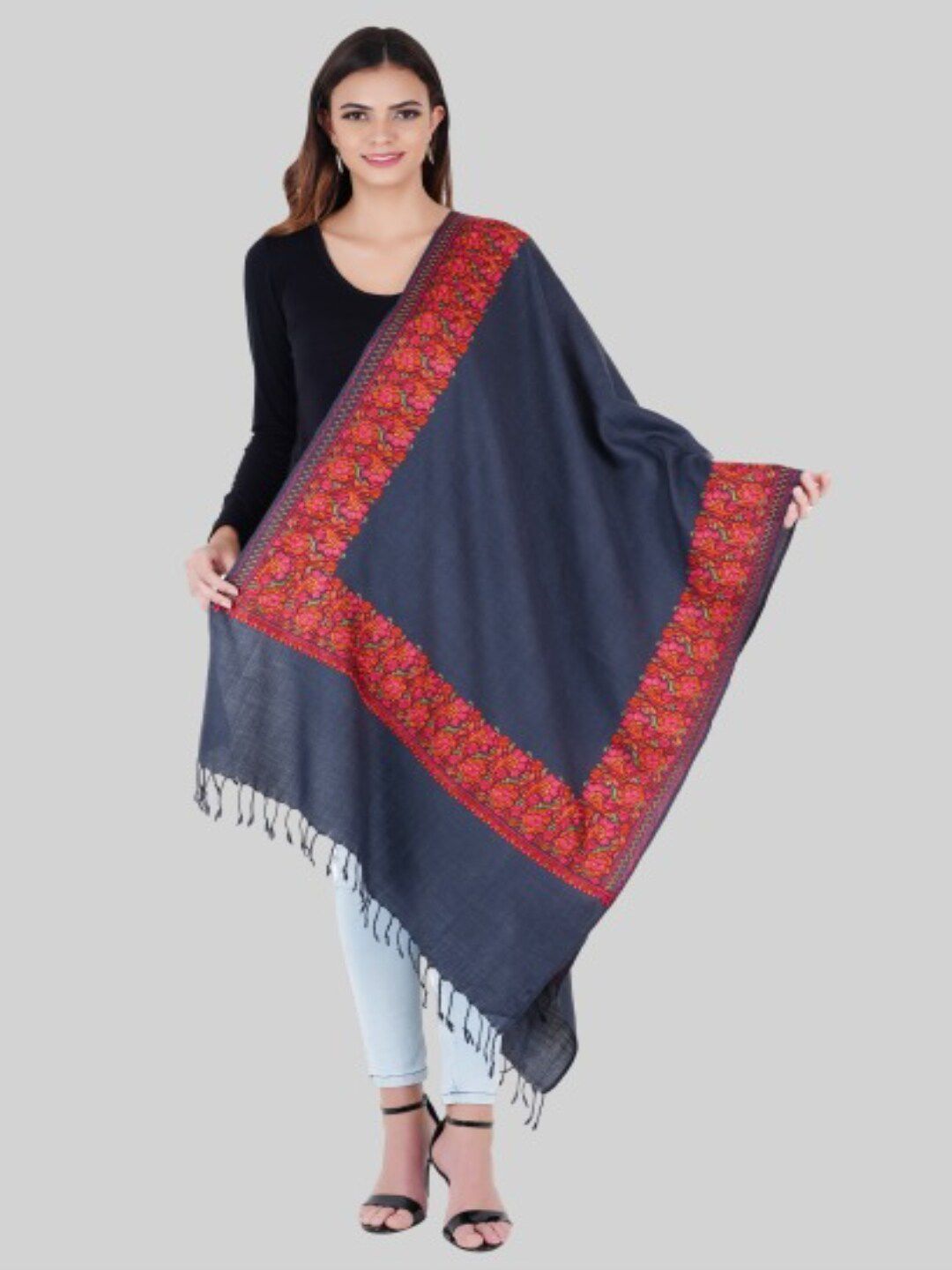 MUFFLY Women Grey & Pink Embroidered Stole Price in India