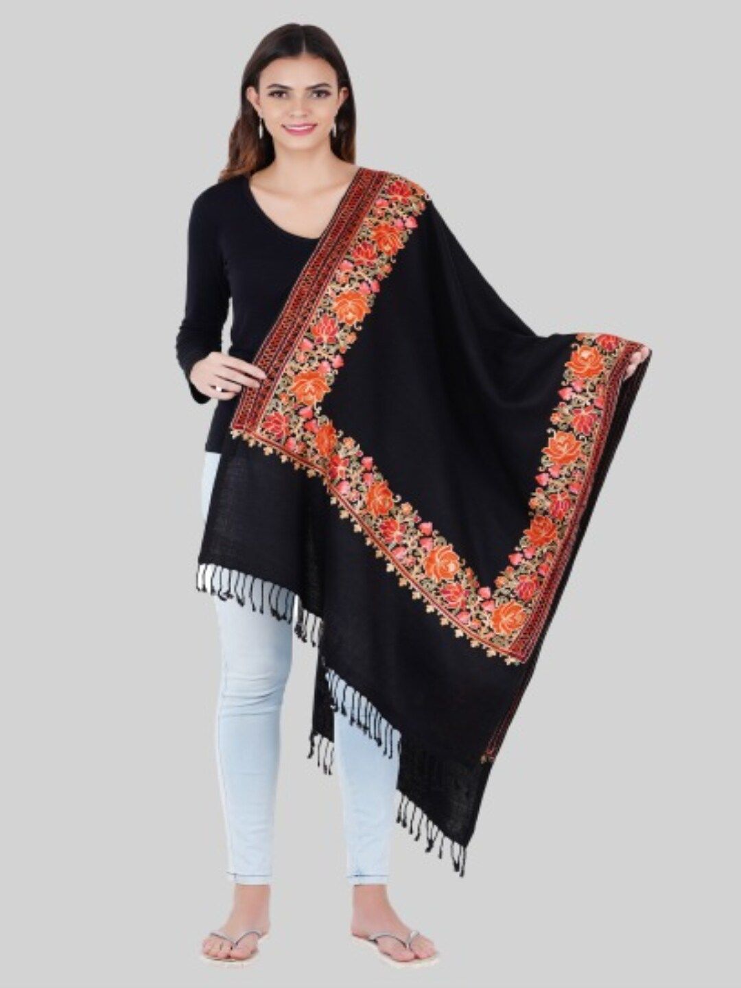 MUFFLY Women Black & Orange Embroidered Stole Price in India